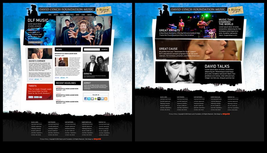 Two blue, black, and white music-site concepts featuring artist stories, charitable messaging, news, and donation pathways.