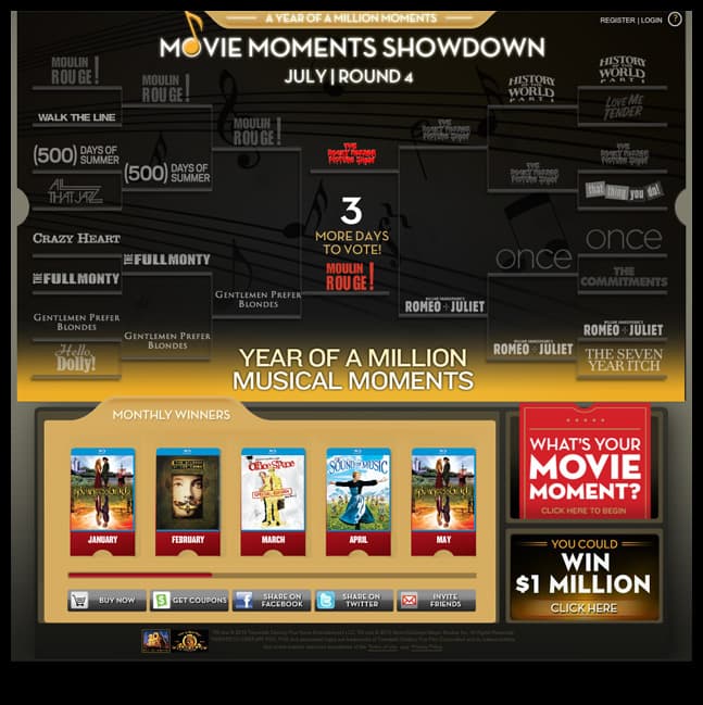 Fox movie promotion with a bracket-style musical movie showdown, voting prompt, monthly winners, and sharing controls.