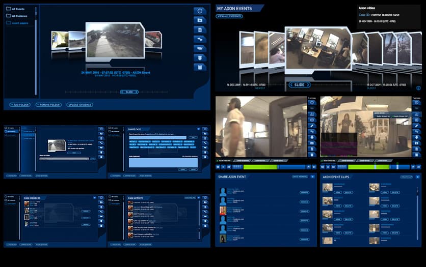 Dark blue interface studies showing video evidence timelines, event folders, clip editing, case members, and sharing panels.