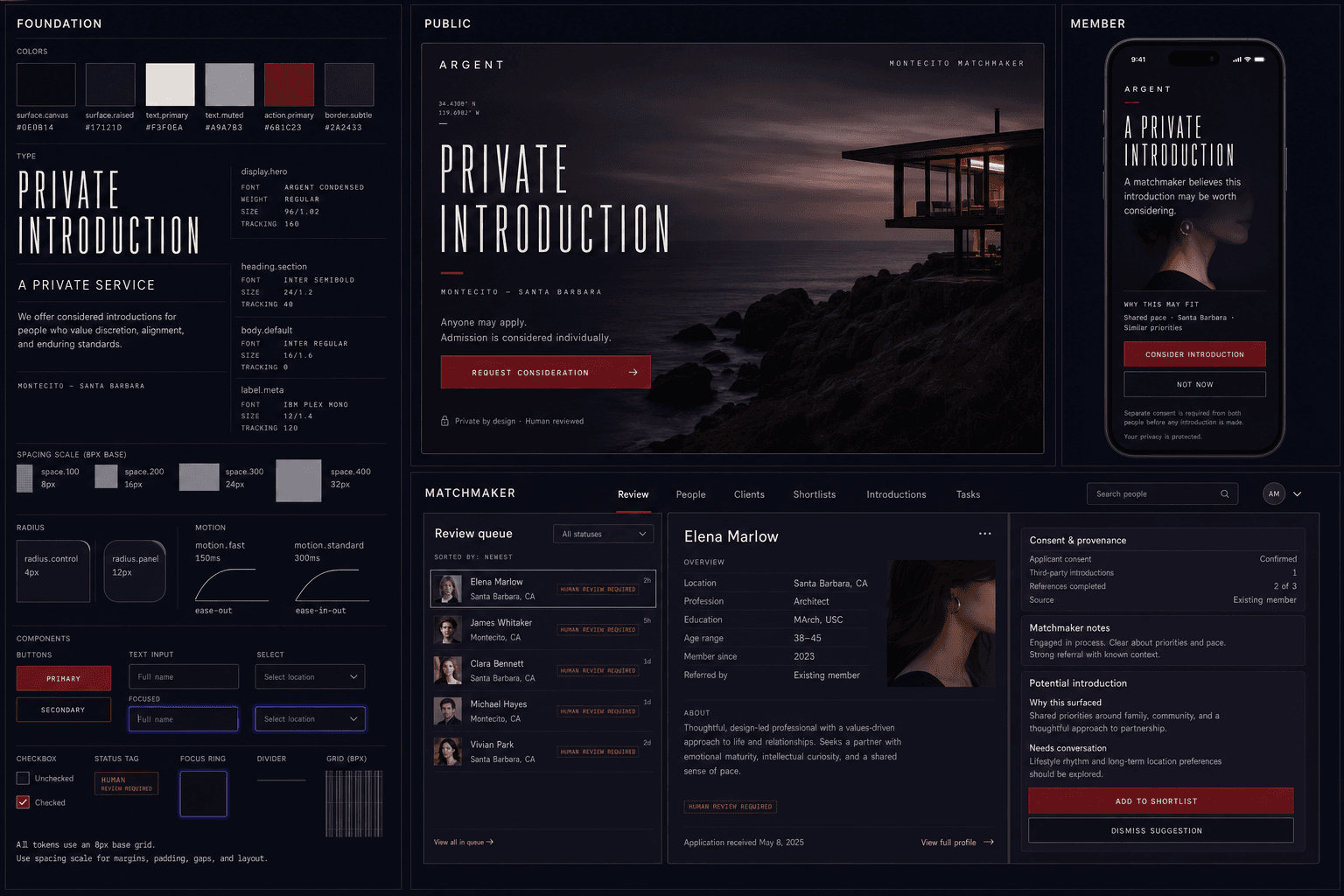 Argent Matchmaking product system showing design tokens, public web, mobile introduction, and matchmaker review workspace