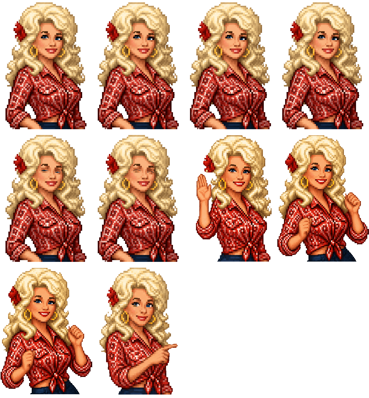 Approved Jolene runtime atlas with idle, blink, greeting, loading dance, and evidence-pointing frames