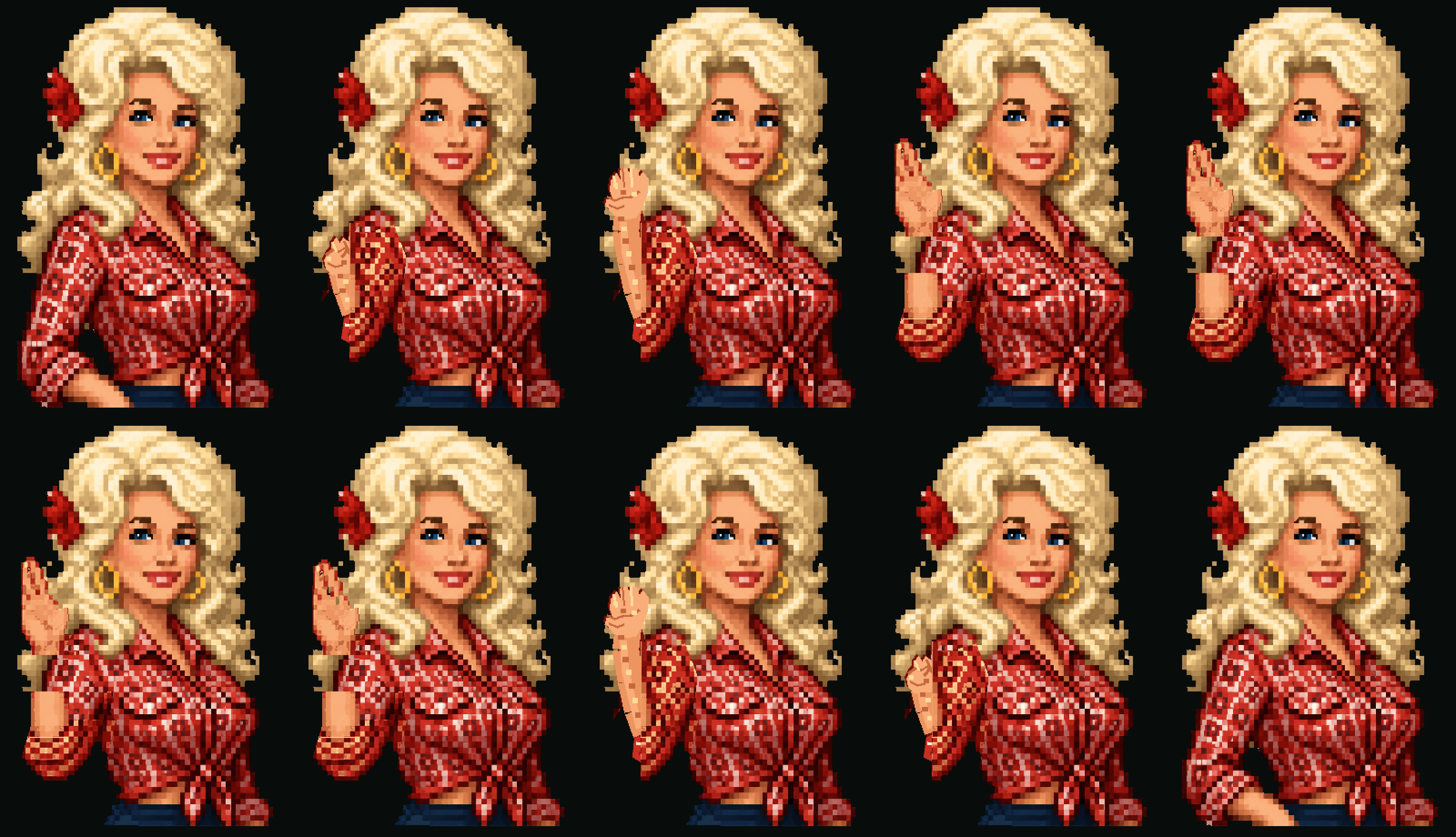 Archived ten-frame Jolene greeting experiment showing inconsistent raised-hand wave poses