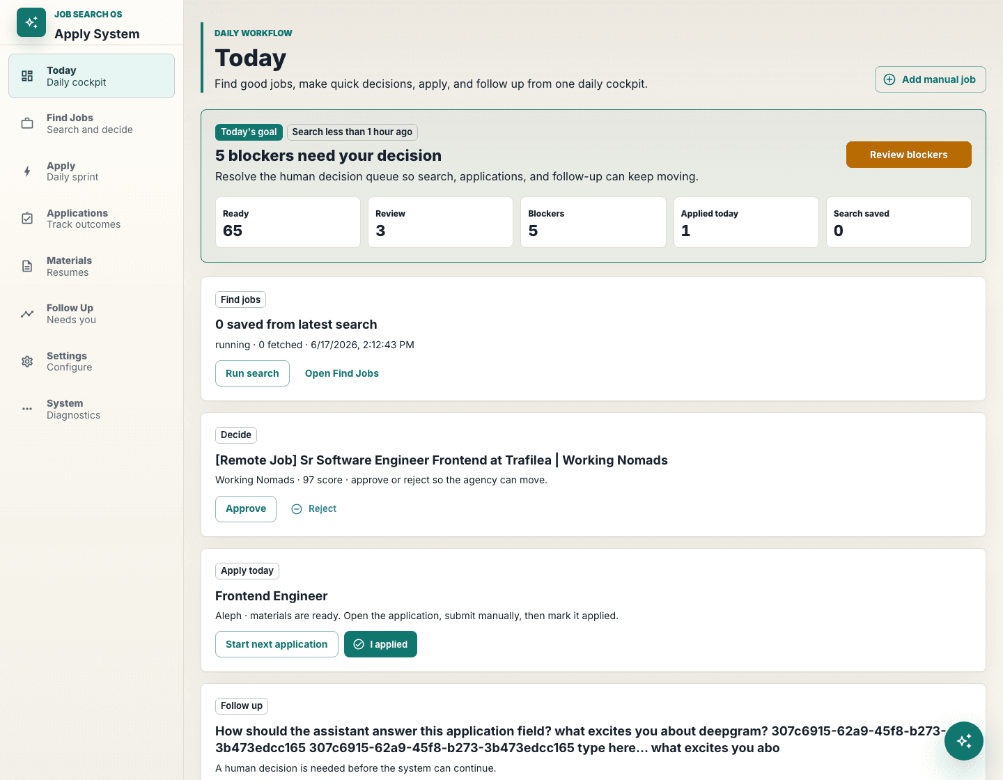 Job Search OS dashboard showing the daily review cockpit and application pipeline