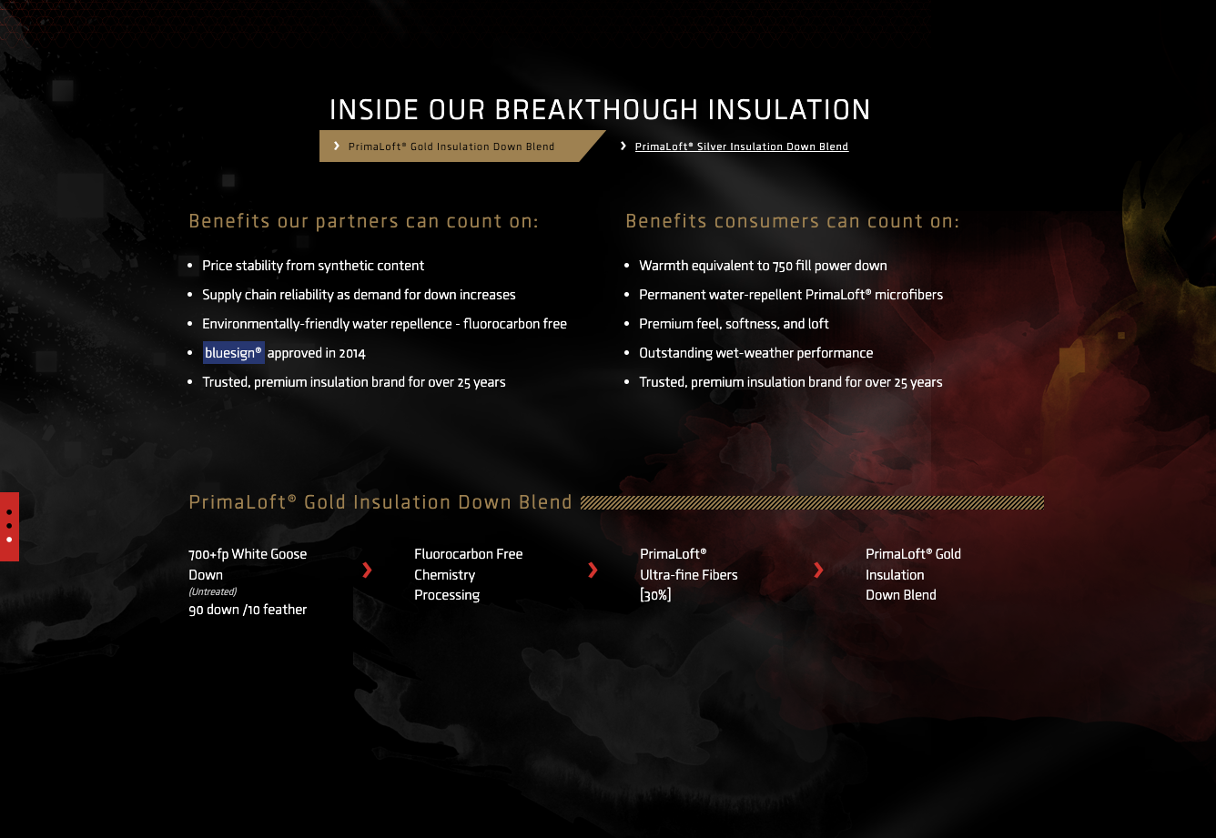 PrimaLoft Gold Insulation Down Blend product details with fill-power values, CLO measurements, and composition graphics.
