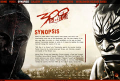 Graphic 300 movie site with illustrated character art, synopsis text, and a dark red interface.