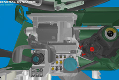 Immersive vehicle-maintenance interface showing a military vehicle component and overlaid technical guidance.