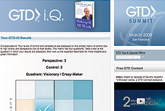 GTD IQ web application screens with a questionnaire, score summary, and summit promotion.