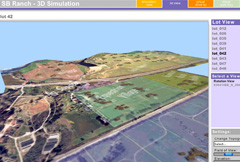 Land-development visualizer with a three-dimensional terrain model and property controls.