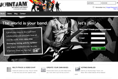 Black and white JointJam musician-network site with profiles, search, and collaboration prompts.