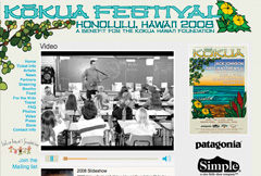 Colorful Kokua Festival video widget with performance imagery, navigation, and sponsor branding.