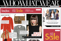Who What Wear fashion page combining editorial photography, navigation, and a shopping promotion.